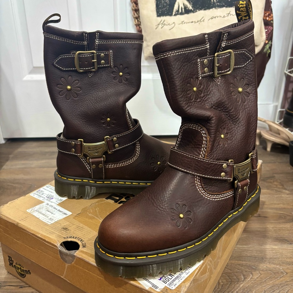 Dr. Martens Anistone Hi Flower Leather Biker Boots